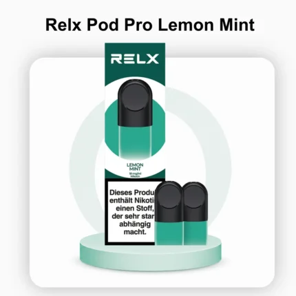 Zesty citrus themed display of RELX Pod Pro Lemon Mint pods 18mg in a Dubai showroom