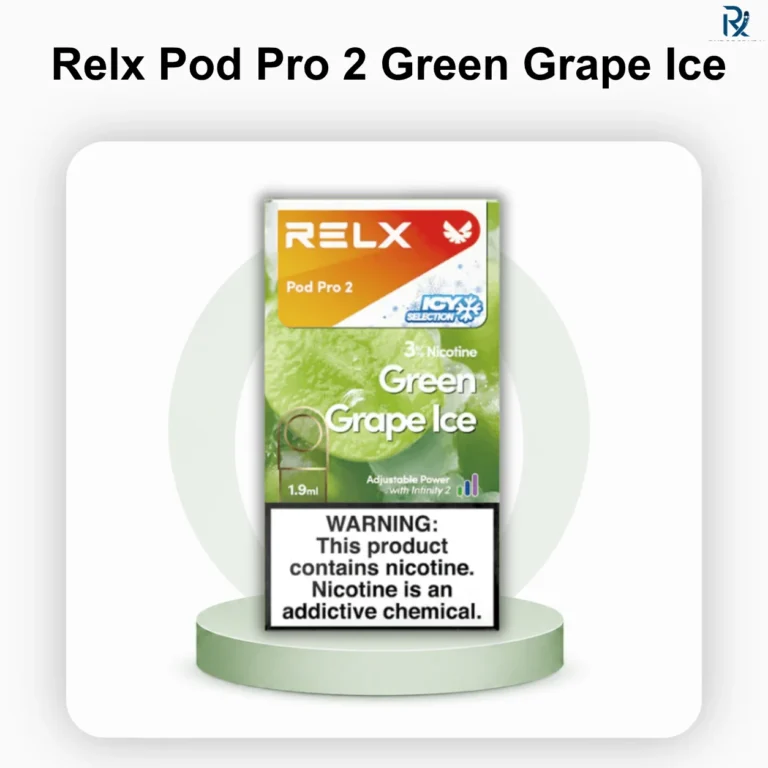 Retail packaging of the RELX Pod Pro 2 Green Grape Ice 3 percent nicotine vape pod.