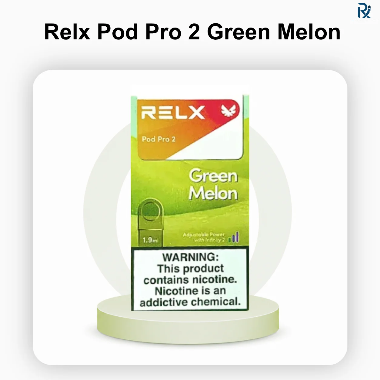RELX Pod Pro 2 Green Melon 3% A single RELX Pod Pro 2 Green Melon vape capsule showing the light green flavor ring.