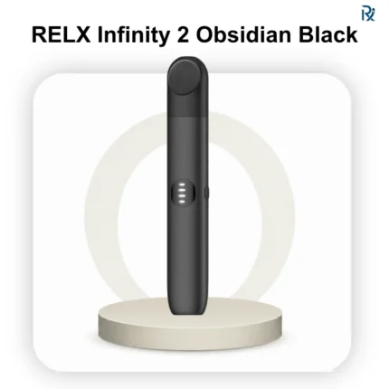 An authentic RELX Infinity 2 Obsidian Black device showcasing its sleek matte dark finish and central round LED screen indicator