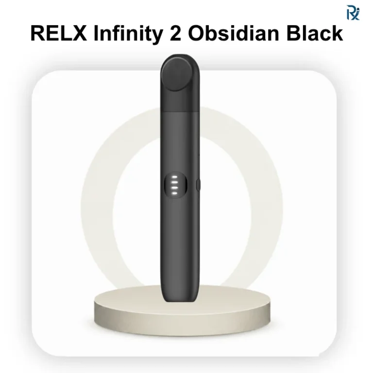 An authentic RELX Infinity 2 Obsidian Black device showcasing its sleek matte dark finish and central round LED screen indicator