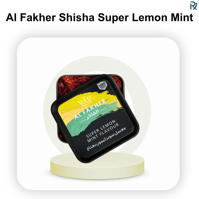 A 1kg bucket of Al Fakher Lemon with Mint shisha tobacco resting on a rustic wooden retail display.