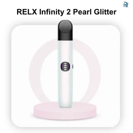 A RELX Infinity 2 Pearl Glitter vape resting horizontally showing its slim aerodynamic profile and pearlescent sparkling hue