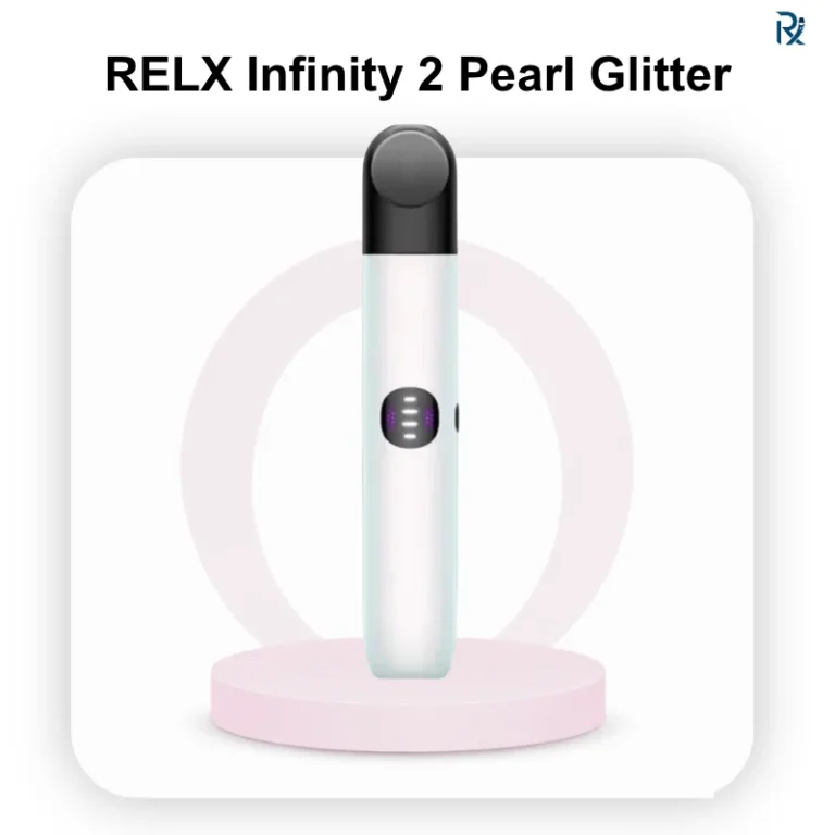 A RELX Infinity 2 Pearl Glitter vape resting horizontally showing its slim aerodynamic profile and pearlescent sparkling hue
