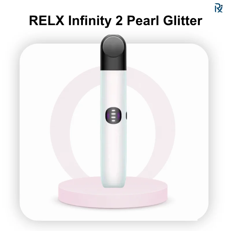 RELX Infinity 2 Pearl Glitter A RELX Infinity 2 Pearl Glitter vape resting horizontally showing its slim aerodynamic profile and pearlescent sparkling hue