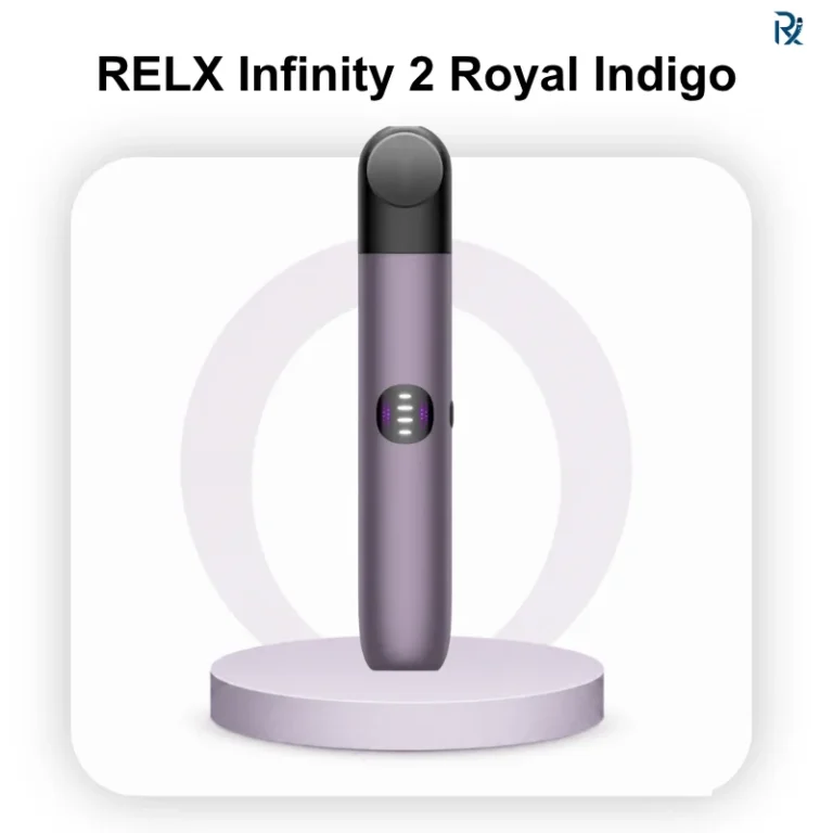 Sleek minimalist packaging of a genuine RELX Infinity 2 Royal Indigo standard device resting flat on a textured matte black platform