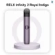 Sleek minimalist packaging of a genuine RELX Infinity 2 Royal Indigo standard device resting flat on a textured matte black platform