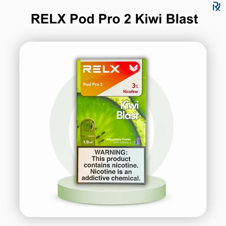 RELX Pod Pro 2 Kiwi Blast 3 percent vape pods displayed on a retail store shelf.
