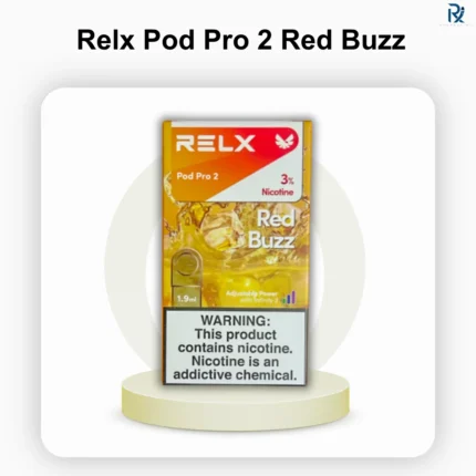 package of RELX Pod Pro 2 Red Buzz 3% cartridges featuring a clean white box accented by a vibrant red energy drink can icon graphic