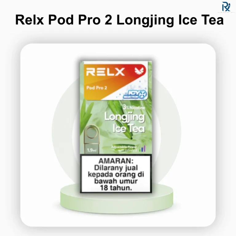 Front view of the RELX Pod Pro 2 Longjing Ice Tea retail package displaying the official brand logo and green tea flavor icons