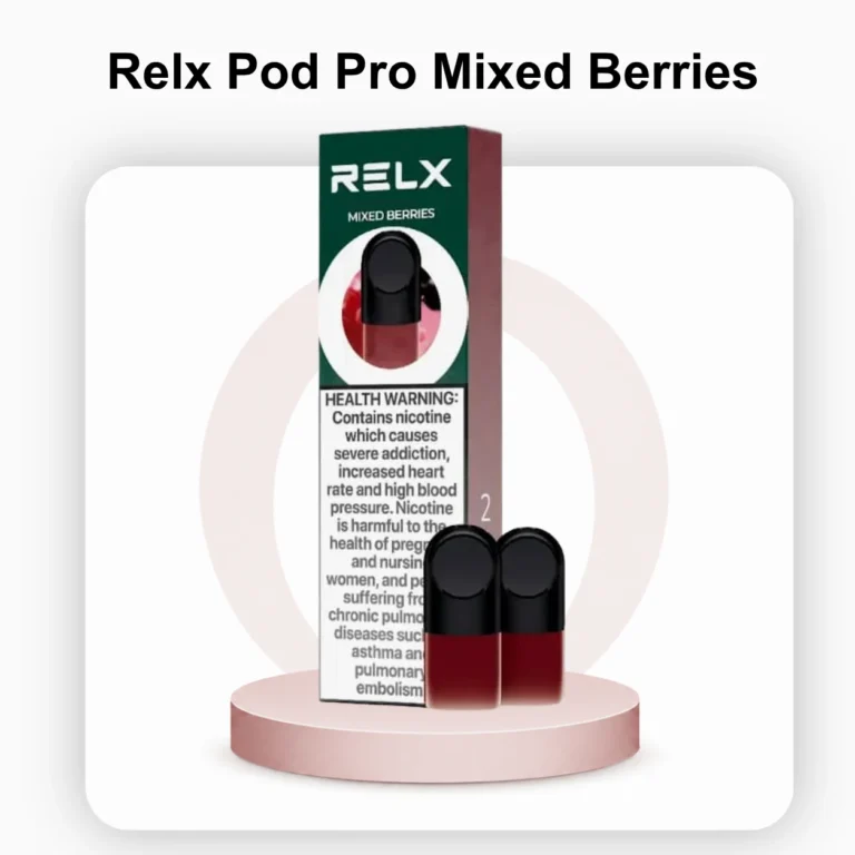 A pack of RELX Pod Pro Mixed Berries 18mg pods showing the official anti-counterfeit QR code label on a minimalist retail display stand