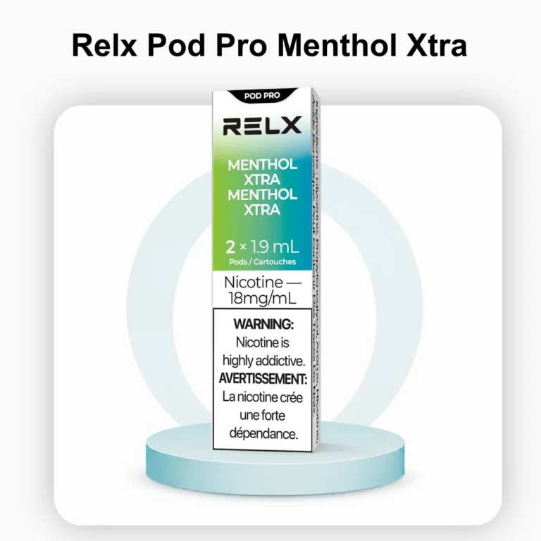 A package of RELX Pod Pro Menthol Xtra 18mg cartridges featuring a clean white box accented by a dark blue ice crystal icon graphic