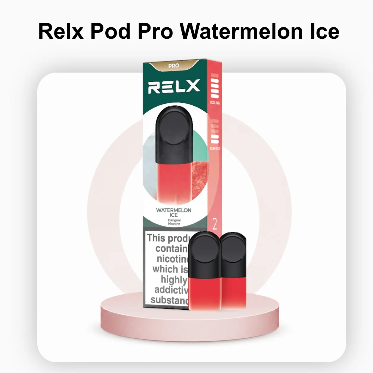 Close-up of a RELX Pod Pro Watermelon Ice cartridge highlighting the transparent e-liquid chamber.