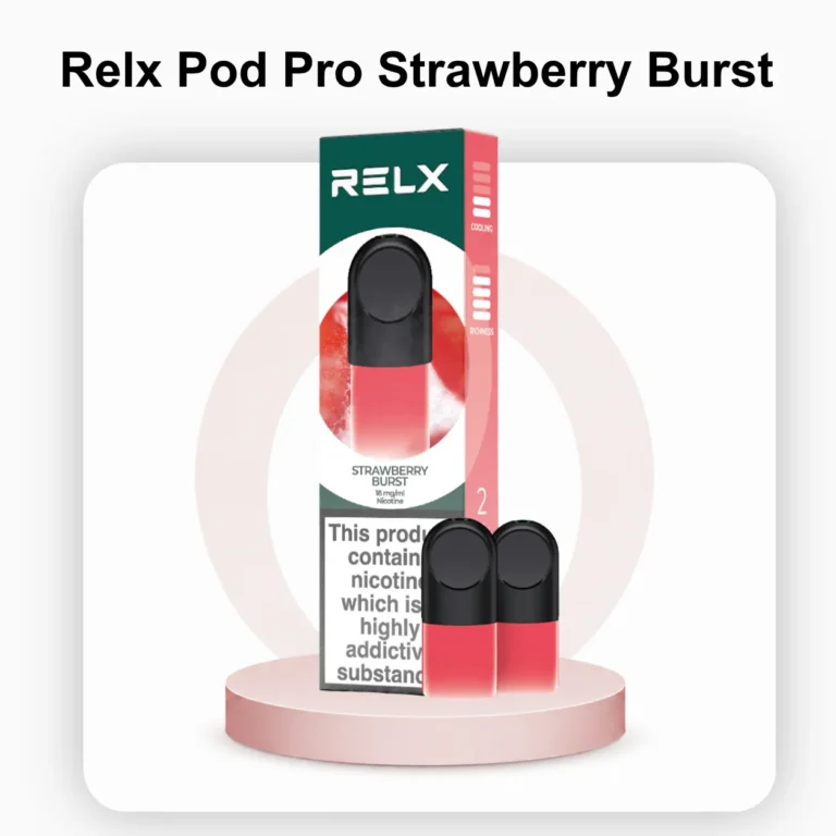 A single pre-filled RELX Pod Pro Strawberry Burst cartridge standing next to its open cardboard packaging.