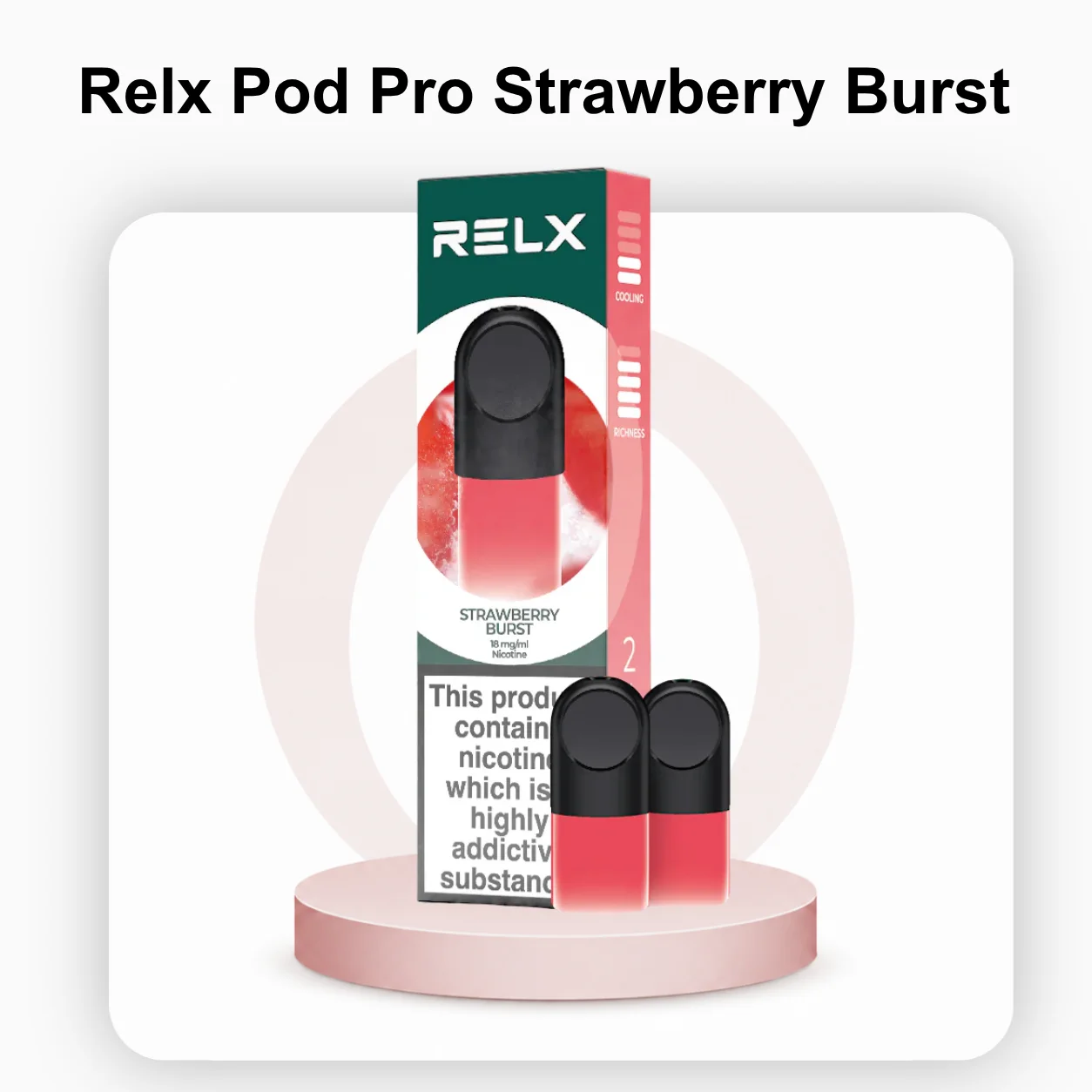 A single pre-filled RELX Pod Pro Strawberry Burst cartridge standing next to its open cardboard packaging.