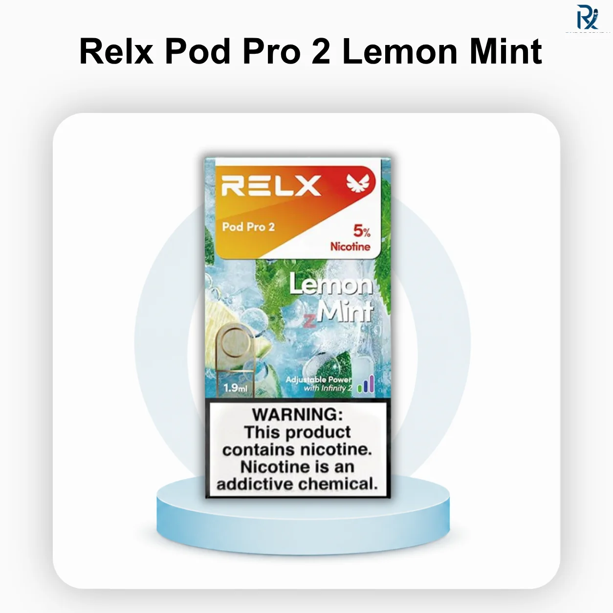 High-angle look at an authentic 5% RELX Pod Pro 2 Lemon Mint pod resting securely on a glossy white display table next to a clean device profile.