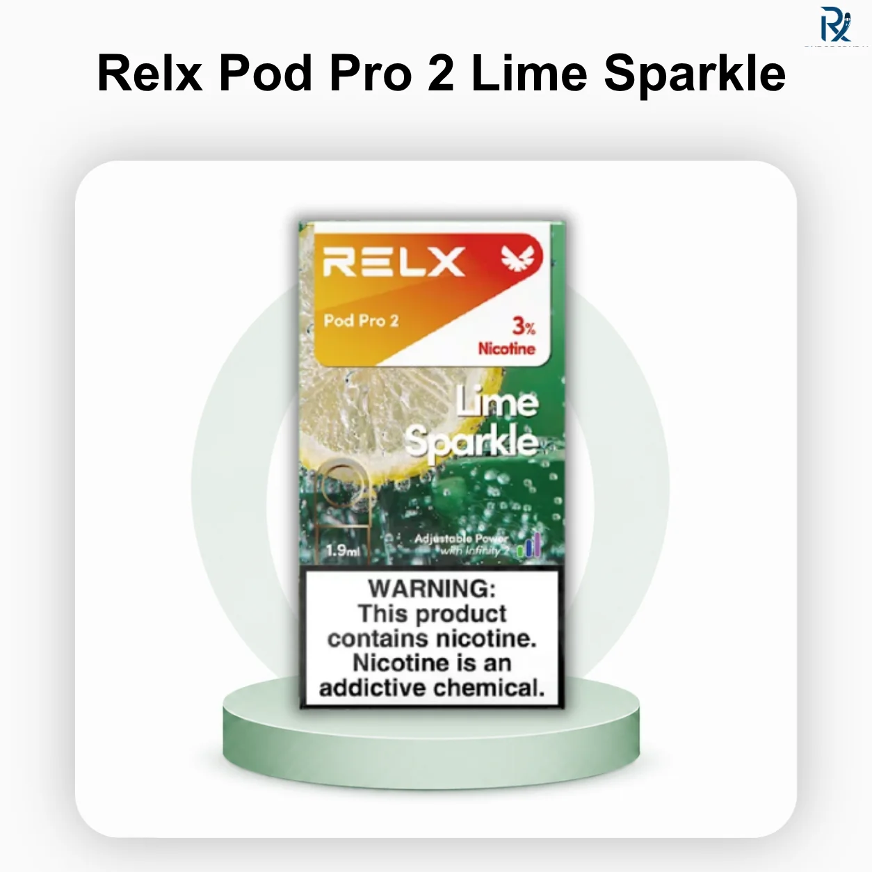 RELX Pod Pro 2 Lime Sparkle single vape pod container showing the green accent ring and clear liquid window.