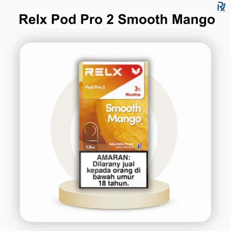 A single RELX Pod Pro 2 Smooth Mango 3% cartridge resting horizontally on a bed of fresh sliced yellow mangoes and crushed ice cubes