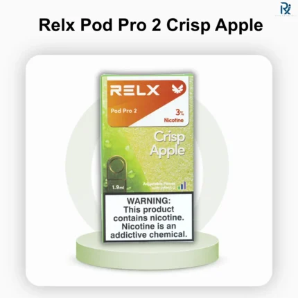 A fresh box of RELX Pod Pro 2 Crisp Apple standing upright next to a sleek matte metallic black RELX Infinity 2 device