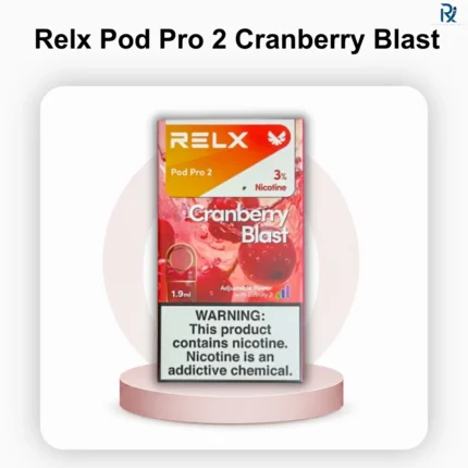 A package of RELX Pod Pro 2 Cranberry Blast 3% cartridges featuring a clean white box accented by a deep red flavor icon graphic
