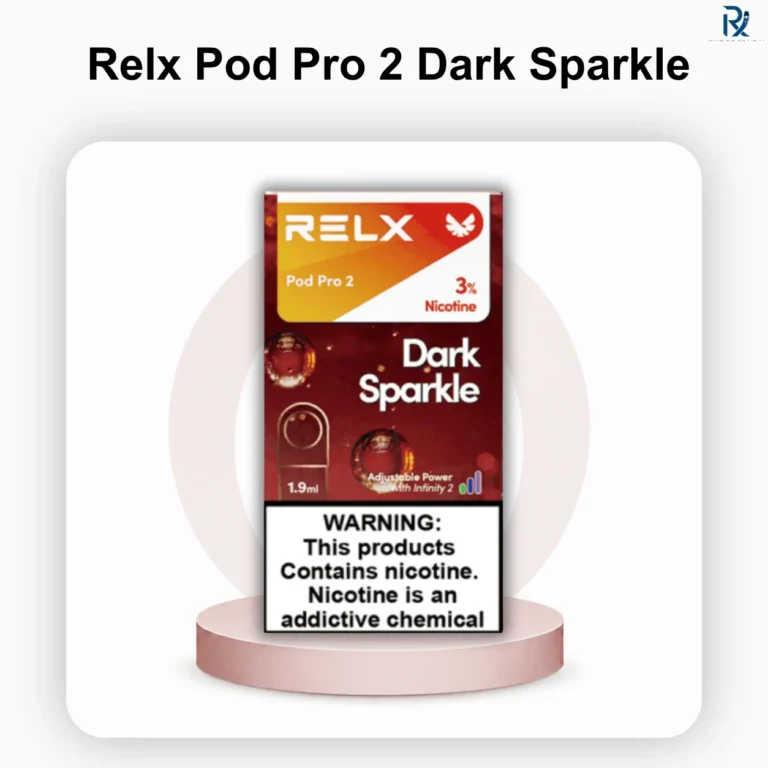 genuine RELX Pod Pro 2 Dark Sparkle 30mg box resting flat on a textured matte black platform