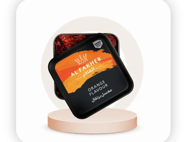Shisha Flavor Guide 15 Front view of a 1kg Al Fakher Orange shisha tobacco tub with distinct orange branding.