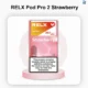 A factory-sealed package of RELX Pod Pro 2 Strawberry 28.5mg pods placed next to a local courier shipping slip