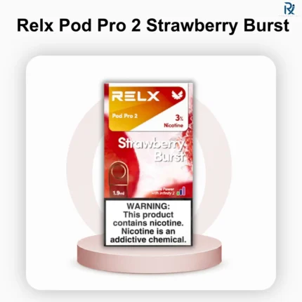 Front perspective layout of the RELX Pod Pro 2 Strawberry Burst 3 percent retail box package