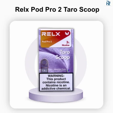 A light purple accent band RELX Pod Pro 2 Taro Scoop pod next to a compatible Infinity device
